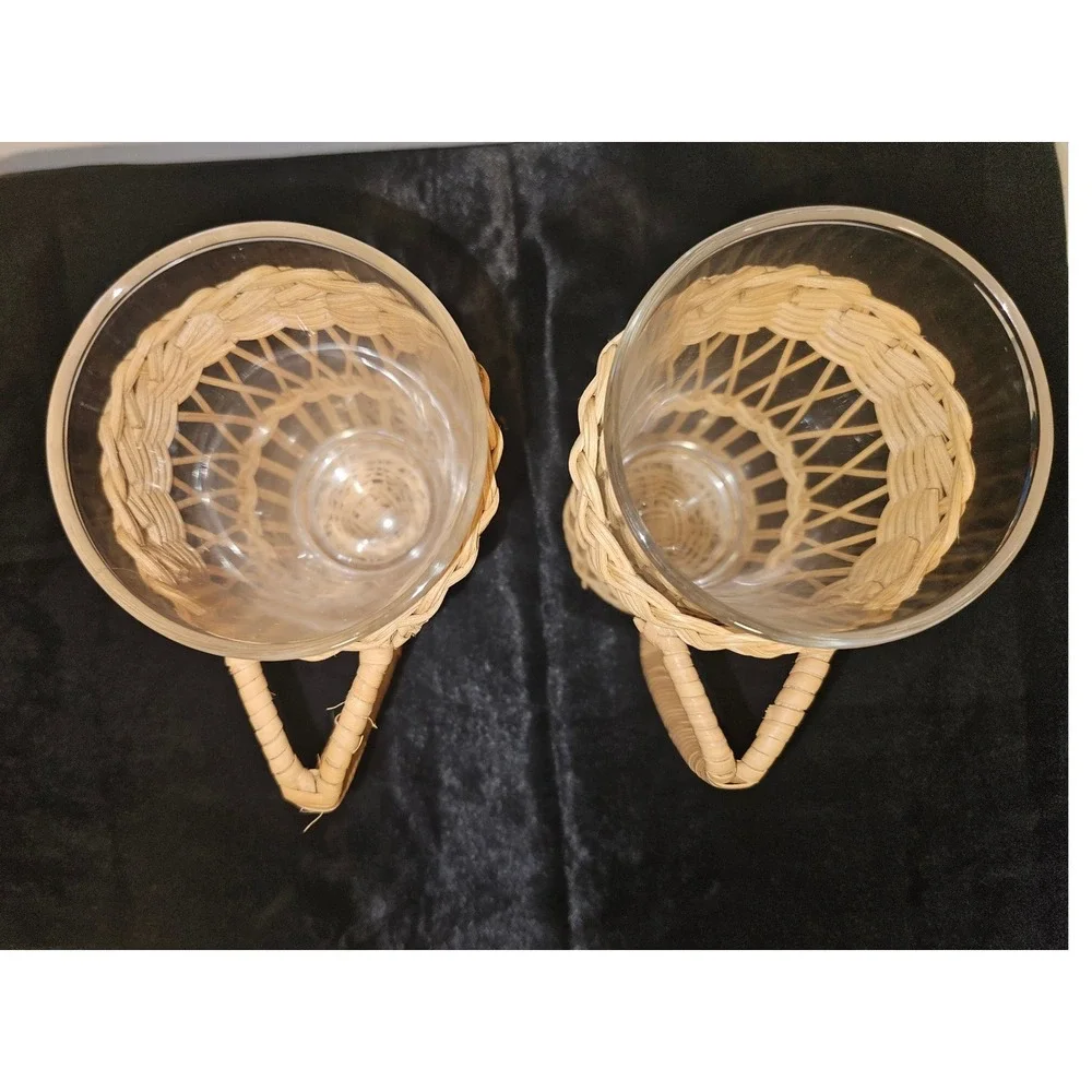 Vintage Wicker Rattan Wrapped Glass Tumblers with Handles Set of 2 Coastal Boho
